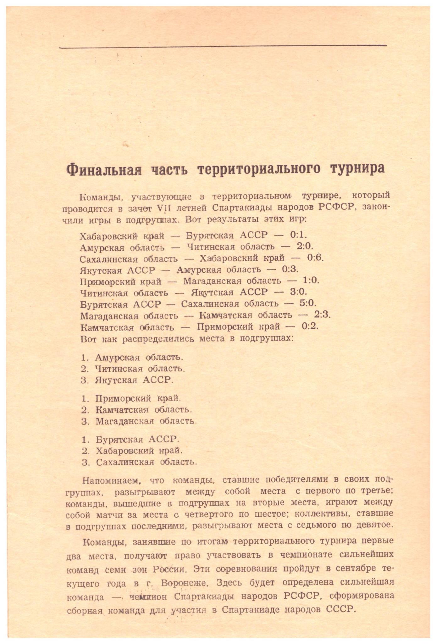 Спартакиада народов РСФСР (зона "Дальний Восток") с участием сборной команды Сахалинской области (финальный этап)